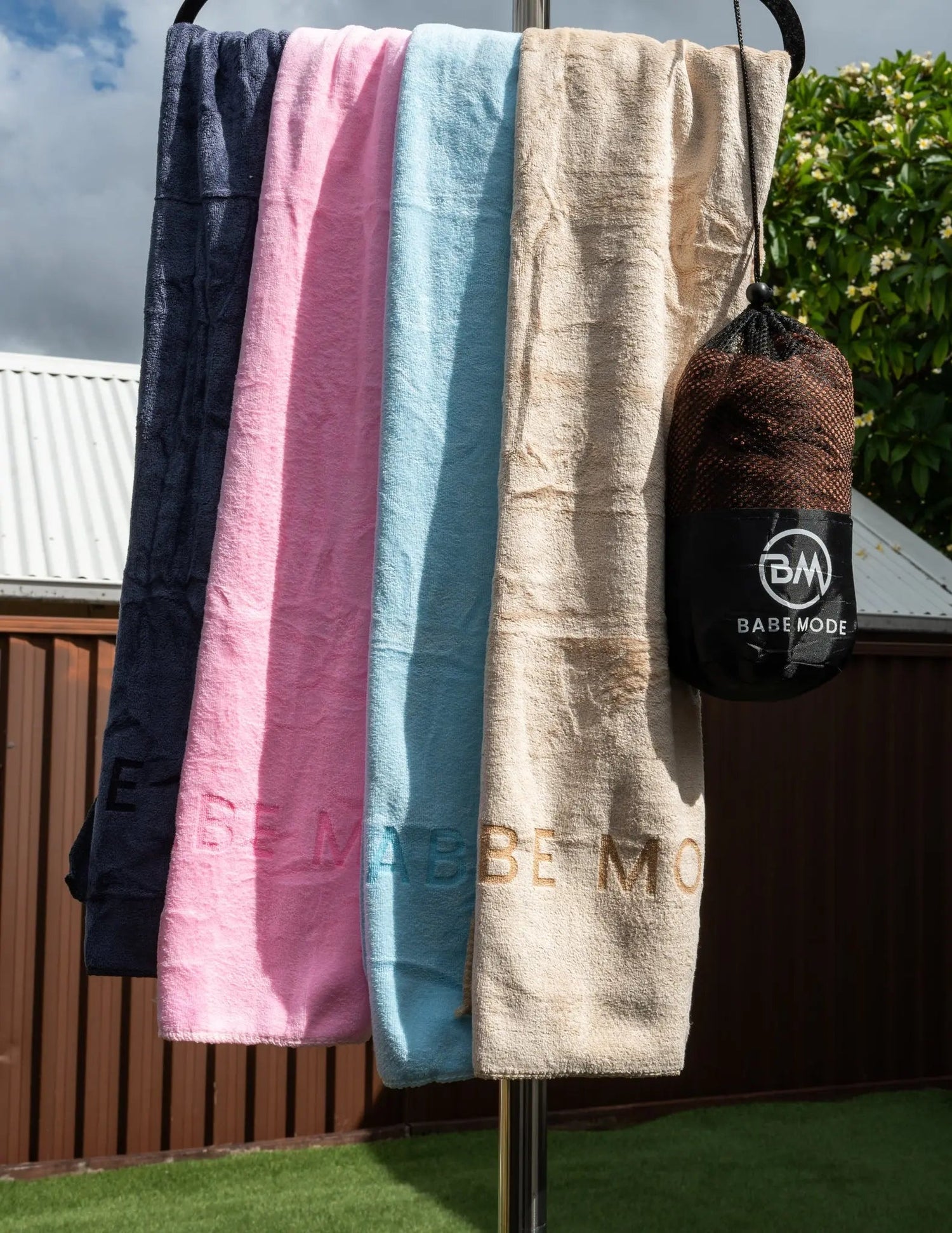 Barmelle microfibre sports towels in Blush, Sky, Black, and Coconut - Australia